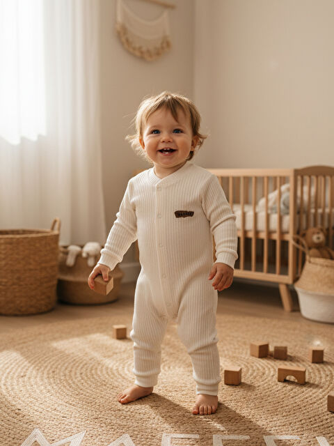 Mahfel %100 Pamuklu Fitilli Bebek Tulum Salopet EKRU - S000511241-19965