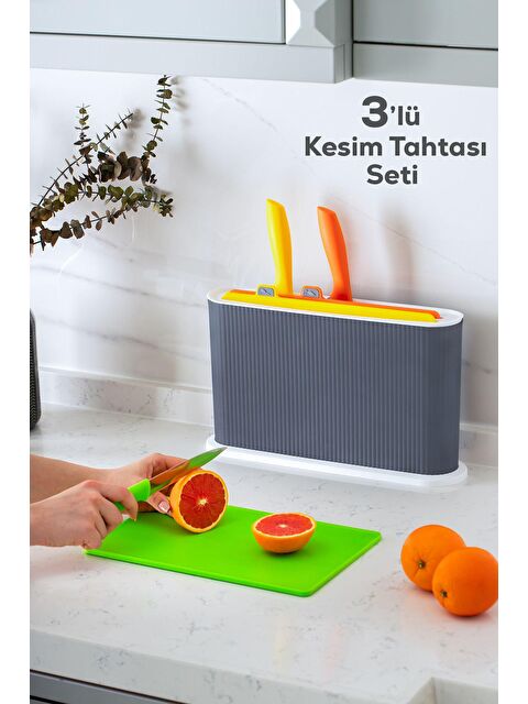 Porsima 1076 Standlı Bıçaklı Çoklu Kesme Tahtası Seti - Standlı Kesim Panosu- Antrasit-beyaz - S000150605-37276