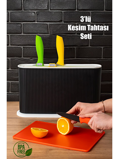 Porsima 1075 Standlı Bıçaklı Çoklu Kesme Tahtası Seti - Standlı Kesim Panosu- Antrasit-beyaz - S000150599-37276