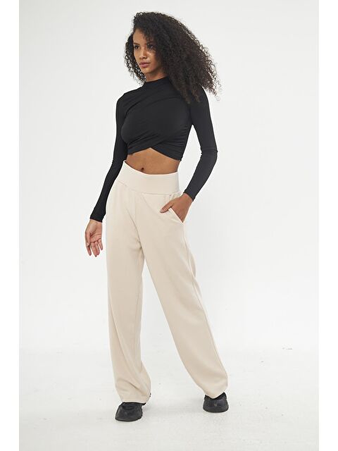 Chandraswear Bej Kadın Yüksek Bel Geniş Paça Eşofman Altı - Mayer - S000090903-19928