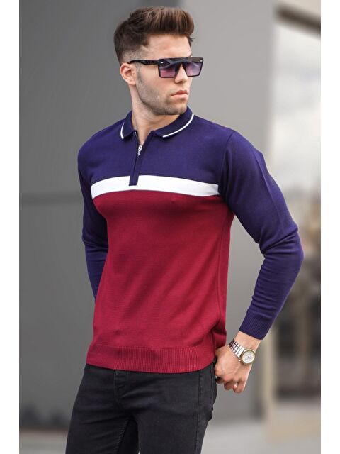 Madmext Bordo Fermuarlı Polo Yaka Triko Kazak 5787 - S000031504-19951