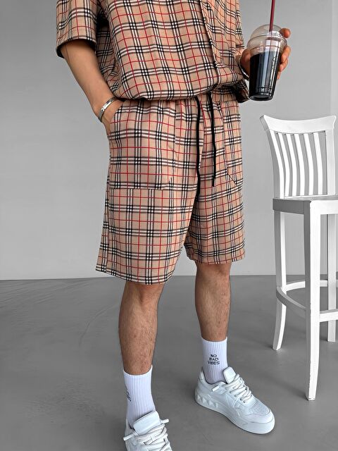 Abluka Online Erkek Baggy Fit Pamuklu Baklava Desenli Şort Kahverengi - S000176391-19413