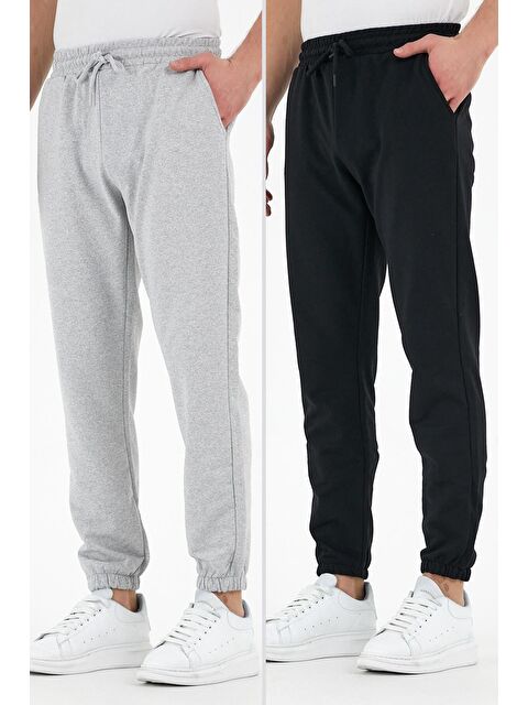 Mmetalic Siyah-Gri 2'li  Erkek Jogger Eşofman Altı Etiketli Arka ve Yan Cepli Regular Fit Lastik Paça - S000286966-37430