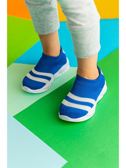 First Step Ultra Hafif Memory Foam İç Taban Çocuk Triko Spor Ayakkabı Beyaz Şeritli Saks-M-1002 - S000050202-23710