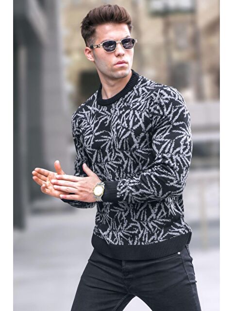 Madmext Siyah Desenli Bisiklet Yaka Triko Kazak 5767