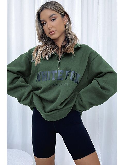 Madmext Haki Fermuar Detaylı Baskılı Sweatshirt Mg1246 - S000030629-18547