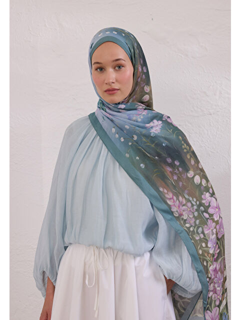 Fresh Scarfs Wısterıa Desen Rami Şal Soft Mavi