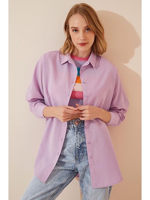 Hazelin Kadın Açık Lila Oversize Uzun Basic Gömlek HZL22W-BD139001 - S000031094-23370