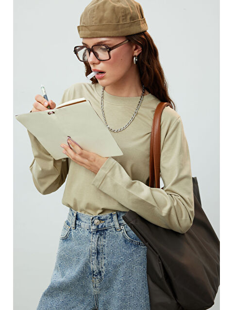 Manuka Uzun Kol Fit Pamuklu Tshırt Taş - S000241810-25636