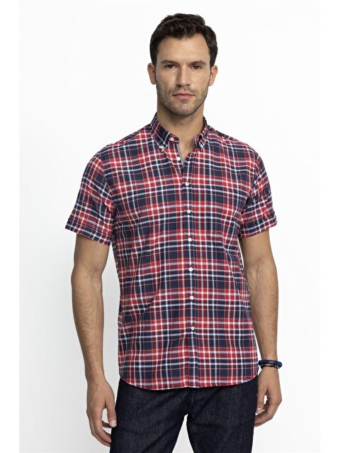 TUDORS Klasik Fit Kısa Kol Ekoseli Düğmeli Yaka Erkek Renkli Gömlek - S000024155-19351