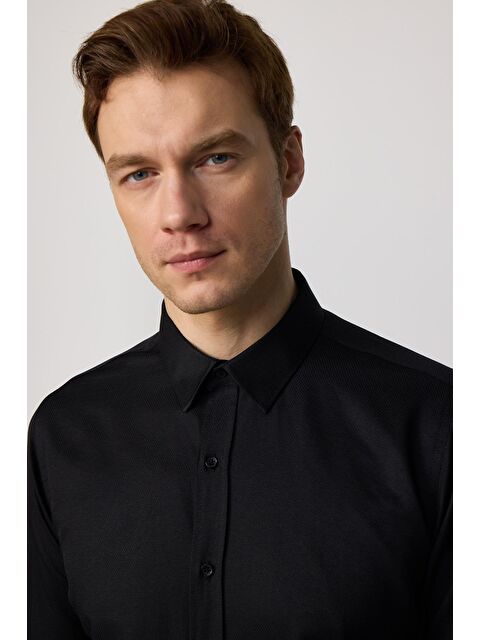 TUDORS Modern Slim Fit Uzun Kollu Pamuklu Kolay Ütü Armürlü Erkek Siyah Gömlek - S000072462-19351