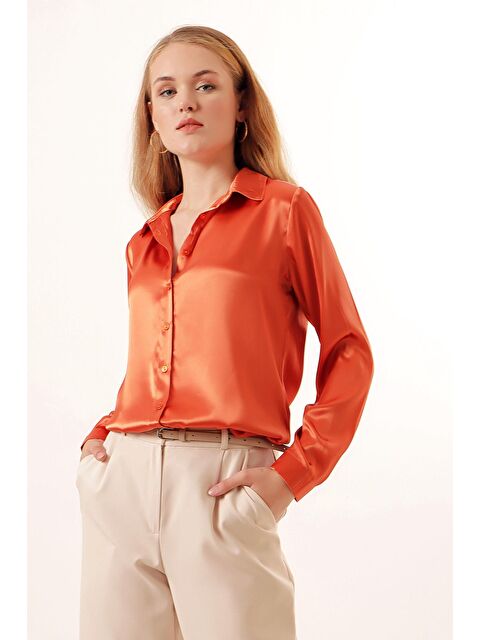 Bigdart 3964 Hafif Dökümlü Saten Gömlek - Turuncu - S000089376-20013
