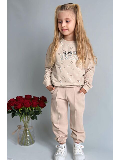 Breeze Kız Çocuk Sweatshirt Kalp Desenli Yazı Baskılı Bej (1.5-4 Yaş) - S000433313-19928