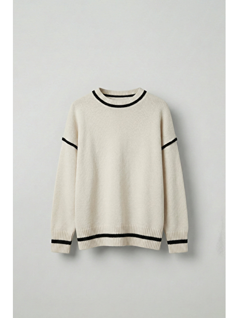 Abluka Online Erkek Oversize Yuvarlak Yaka Kontrast Detaylı Kazak Bej - S000494255-19928