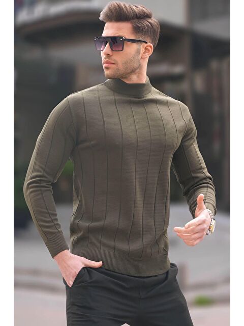 Madmext Haki Slim Fit Yarım Balıkçı Yaka  Çizgili Tüylenmeyen Erkek Triko Kazak 6344