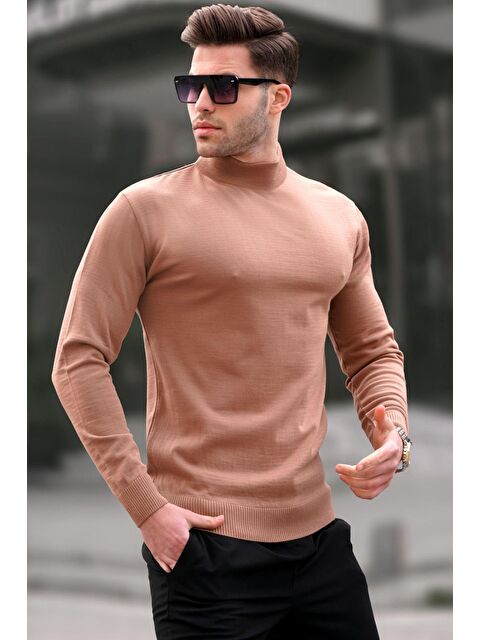 Madmext Madmext Taş Rengi Slim Fit Yarım Balıkçı Yaka Erkek Triko Kazak 6343