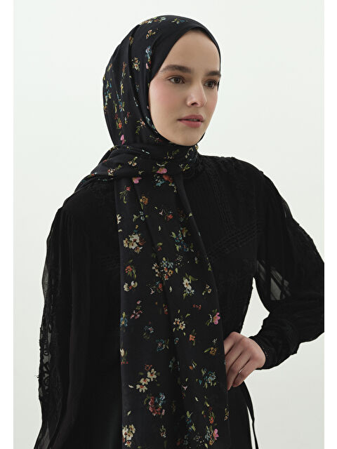 Fresh Scarfs Siyah Tıny Blooms Desenli Pamuk Viskon Şal