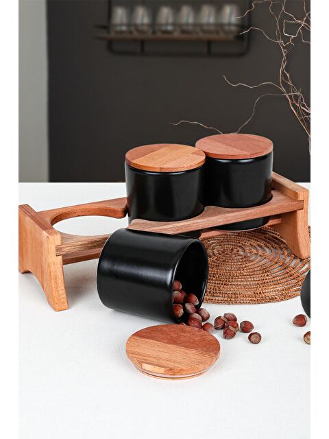 Keramika Ahşap Standlı Mat Siyah Ege Saklama Kabı 10 Cm 4 Parça - S000028952-22238