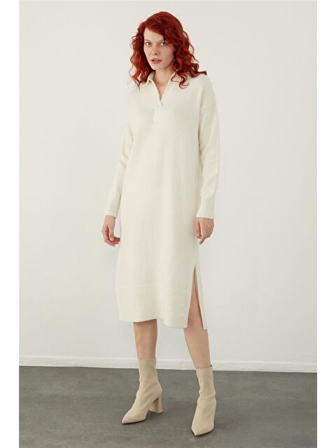 Sherin Ekru Polo Yaka Basic Midi Triko Elbise - S000107532-19965