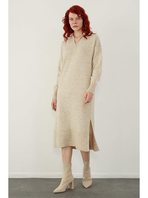 Sherin Bej Polo Yaka Basic Midi Triko Elbise - S000107532-19928