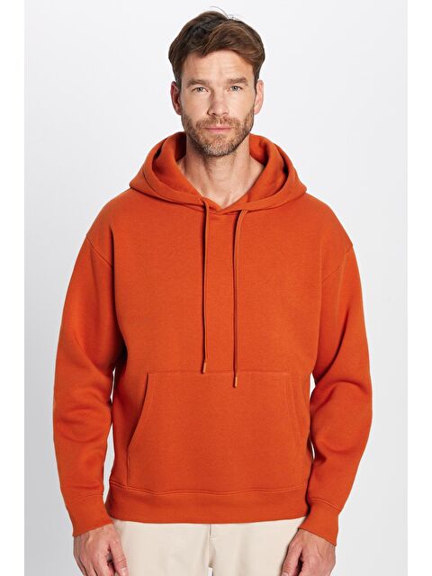 TUDORS Unisex Oversize Geniş Kesim Pamuklu Yumuşak Dokulu Basic Kiremit Renk Kapüşonlu Sweatshirt