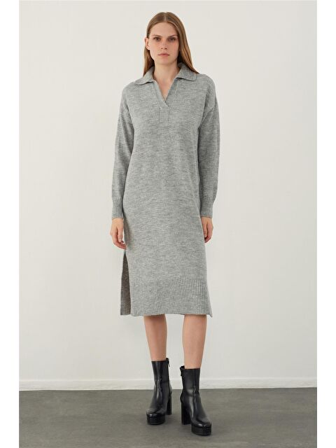 Sherin Gri Polo Yaka Basic Midi Triko Elbise - S000107532-20600