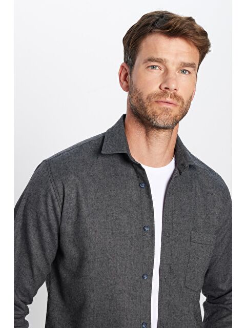 TUDORS Erkek Regular Fit Klasik Kesim Pamuklu Tek Cepli Armürlü Kışlık Oduncu Siyah Gömlek