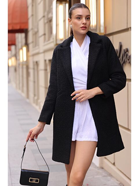 Bigdart 9082 Oversize Kaşe Kaban - Siyah - S000089404-19351