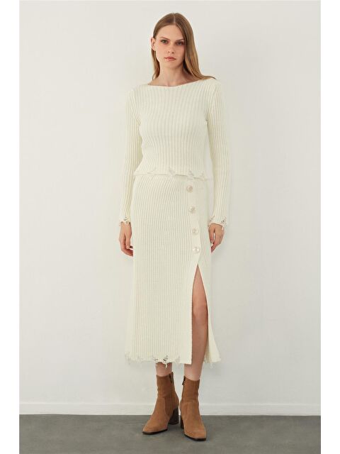 Sherin Ekru Yırtık Detaylı Midi Triko Etek - S000107546-19965