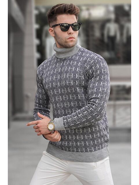 Madmext Gri Desenli Balıkçı Yaka Triko Kazak 5768 - S000015728-20600