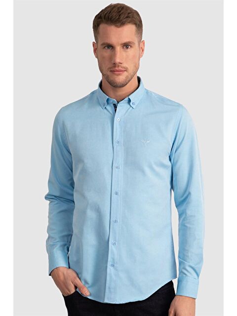 TUDORS Erkek Slim Fit Dar Kesim Uzun Kollu Pamuklu Oxford Doku Turkuaz Düğmeli Yaka Gömlek - S000072107-20055