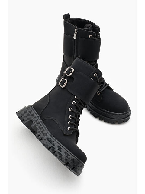 TONNY BLACK Kadın Siyah Mat Termo Taban Yanı Çift Tokalı Cırtlı Bağcıklı ve Fermuarlı Bot - S000288267-19351