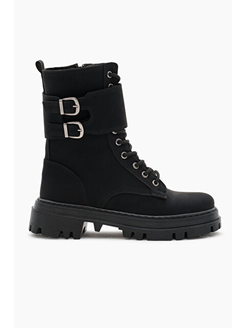 TONNY BLACK Kadın Siyah Mat Termo Taban Yanı Çift Tokalı Cırtlı Bağcıklı ve Fermuarlı Bot - S000288267-19351