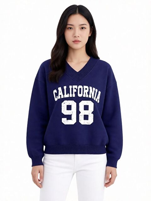 Trendseninle Kadın Lacivert California 98 Baskılı V Yaka Oversize Sweatshirt - S000492451-21164