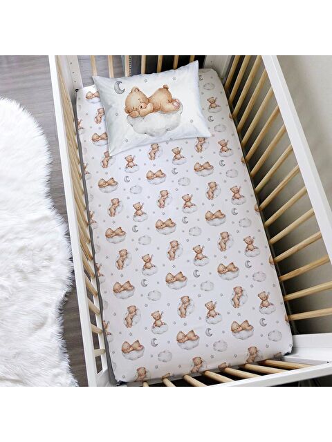 Evmila Uykucu Ayı Desen Baskılı Bebek Boy Lastikli Çarşaf Seti Beyaz 60x120 cm - S000038019-23173
