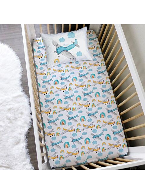 Evmila Uçak Desen Baskılı Bebek Boy Lastikli Çarşaf Seti Beyaz 60x120 cm - S000038025-23173