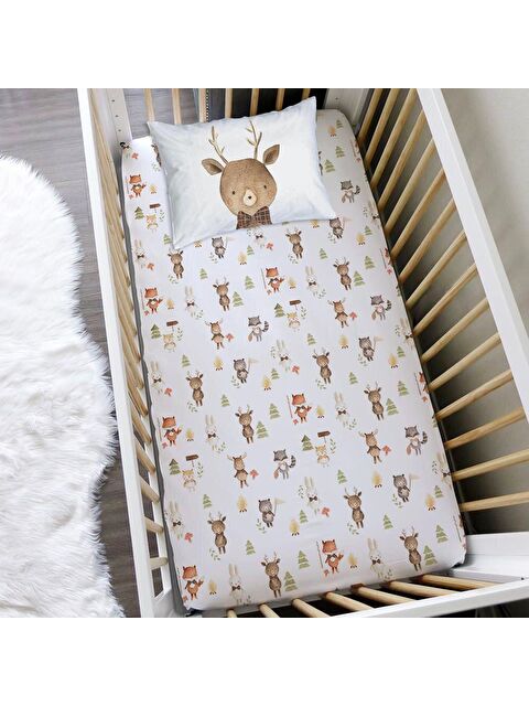 Evmila Hayvan Desen Baskılı Bebek Boy Lastikli Çarşaf Seti Beyaz 60x120 cm - S000038028-23173