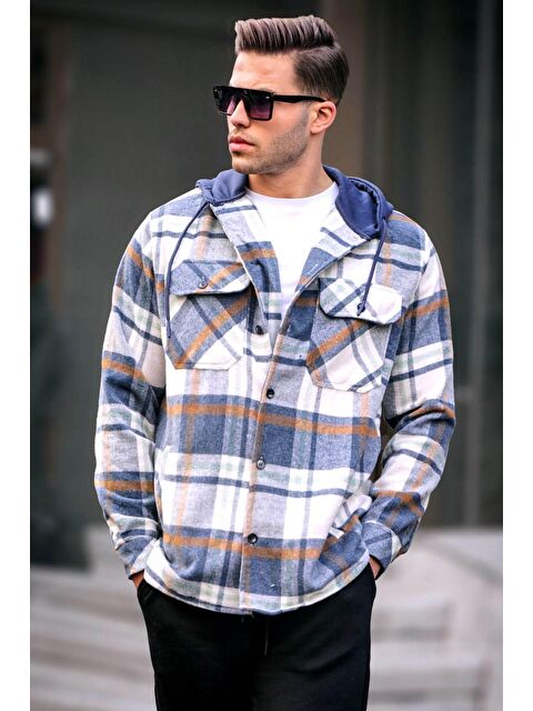 Madmext İndigo Kapüşonlu Ekoseli %100 Pamuk Oduncu Gömlek 5577 - S000016146-23093
