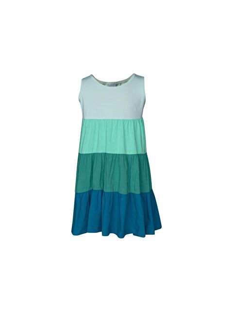 Lovetti Soft Yeşil-Koyu Petrol Kız Çocuk Renkli Kat Kat Büzgülü Askılı Elbise - S000057823-20018