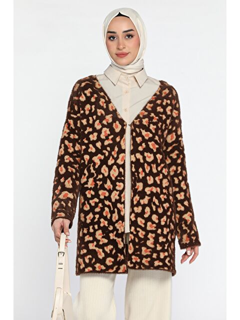 Julude Leopar Desenli Sakallı Tesettür Triko Hırka - S000324436-19413