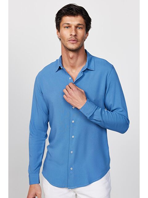 TUDORS Slim Fit Uzun Kollu Dar Kesim Dökümlü Viskon Şık İndigo Erkek Gömlek