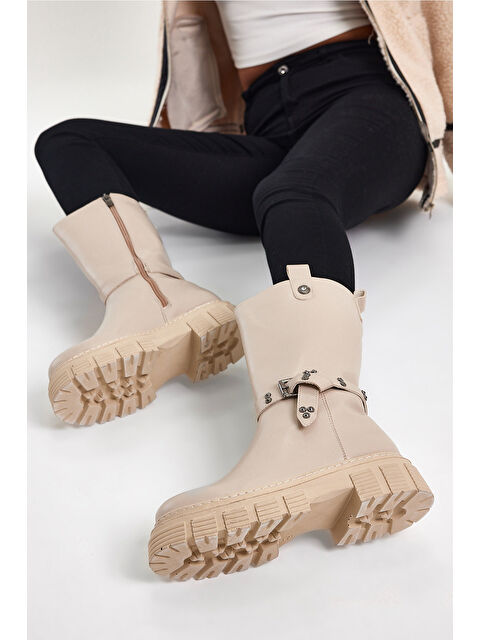 TONNY BLACK Kadın Ten Cilt Rahat Kalıp Yüksek Taban Tokalı Fermuarlı Çizme - S000157457-26407