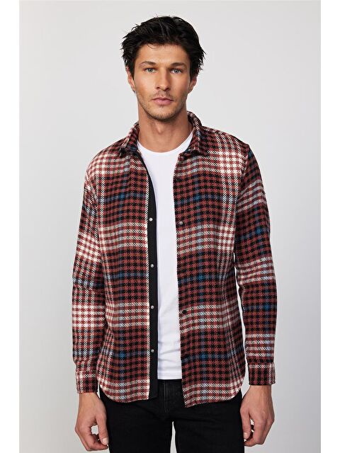 TUDORS Slim Fit Uzun Kollu Dar Kesim Kapaklı Çift Cep Kareli Kışlık Oduncu Erkek Gömlek