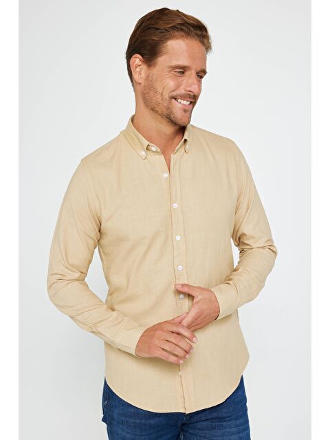 TUDORS Slim Fit Uzun Kollu Biyeli Yaka Düğmeli Keten Bej Erkek Gömlek