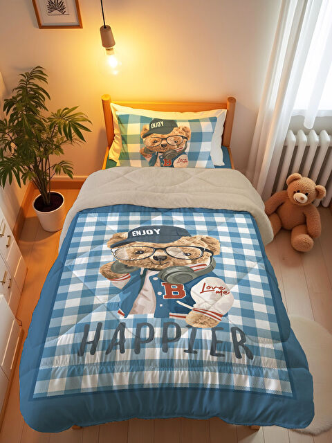 Evmila Teddy Desenli Tek Kişilik 160x220 Cm Wellsoft Çift Taraflı Silikon Yorgan Ve Uyku Seti