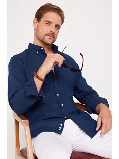 TUDORS Slim Fit Uzun Kollu Keten Premium Seri Düğmeli Yaka Spor Lacivert Gömlek