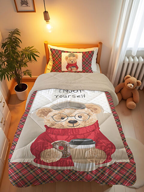 Evmila Teddy Desenli Tek Kişilik 160x220 Cm Wellsoft Çift Taraflı Silikon Yorgan Ve Uyku Seti