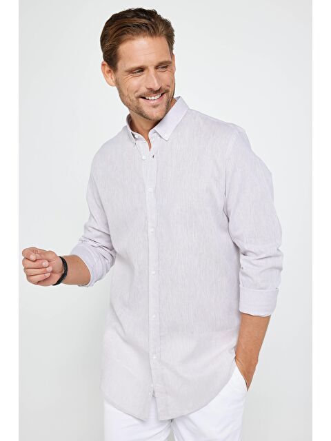 TUDORS Slim Fit Uzun Kollu Keten Premium Seri Düğmeli Yaka Spor Kum Gömlek