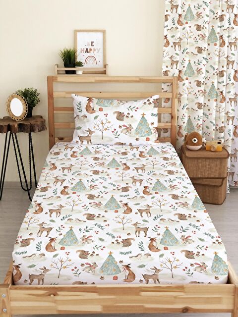 Evmila Geyik Desen Baskılı Tek Kişilik  Lastikli Çarşaf Seti  Beyaz 100x200 cm - S000084578-23173