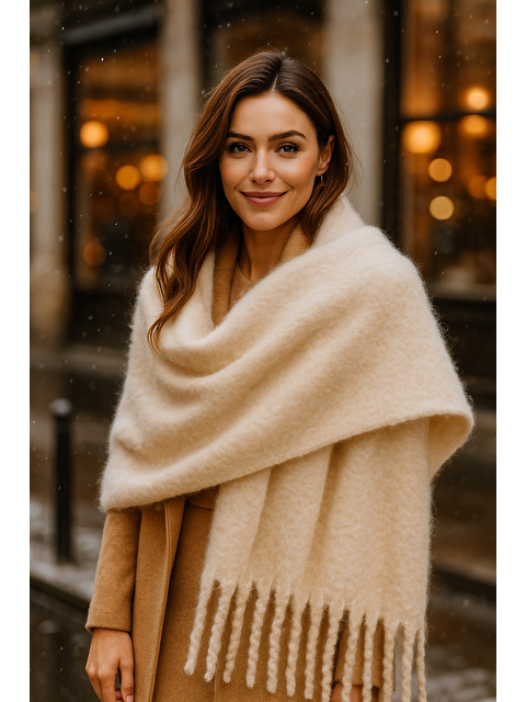 Luminos Butik Kadın Bej Püsküllü İthal Atkı-Şal SAL1295 - S000464964-19928